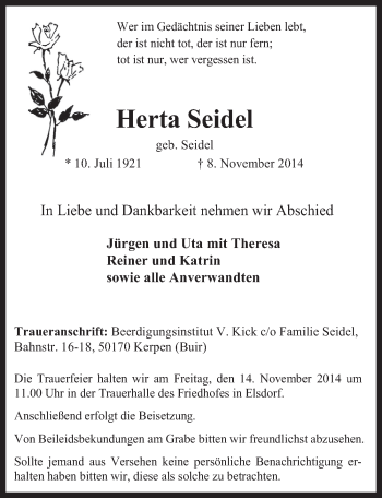 Anzeige von Herta Seidel von  Werbepost 