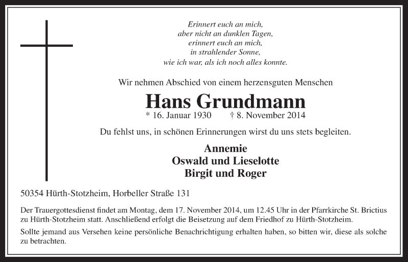 Traueranzeige für Hans Grundmann vom 12.11.2014 aus  Wochenende 