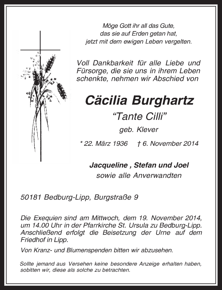  Traueranzeige für Cäcilia Burghartz vom 12.11.2014 aus  Werbepost 