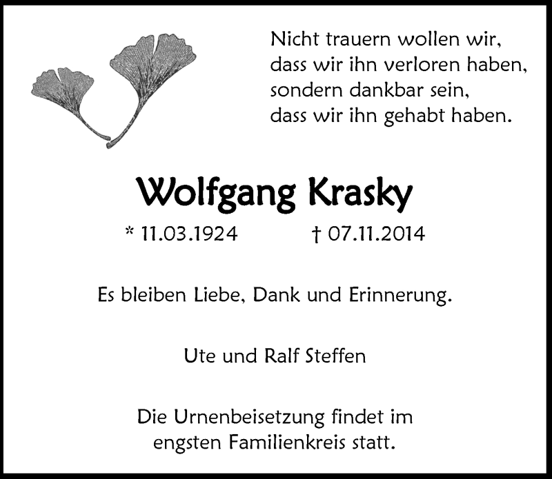  Traueranzeige für Wolfgang Krasky vom 12.11.2014 aus  Anzeigen Echo 
