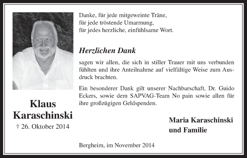  Traueranzeige für Klaus Karaschinski vom 12.11.2014 aus  Werbepost 