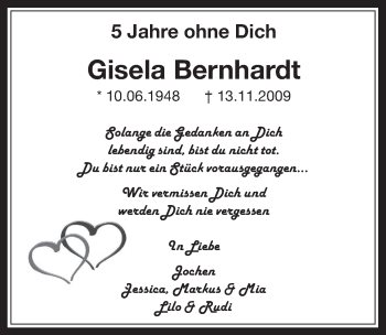 Anzeige von Gisela Bernhardt von  Wochenende 