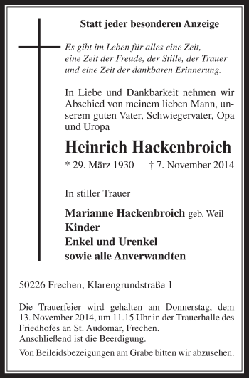 Anzeige von Heinrich Hackenbroich von  Wochenende 