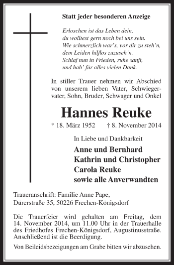 Anzeige von Hannes Reuke von  Wochenende 