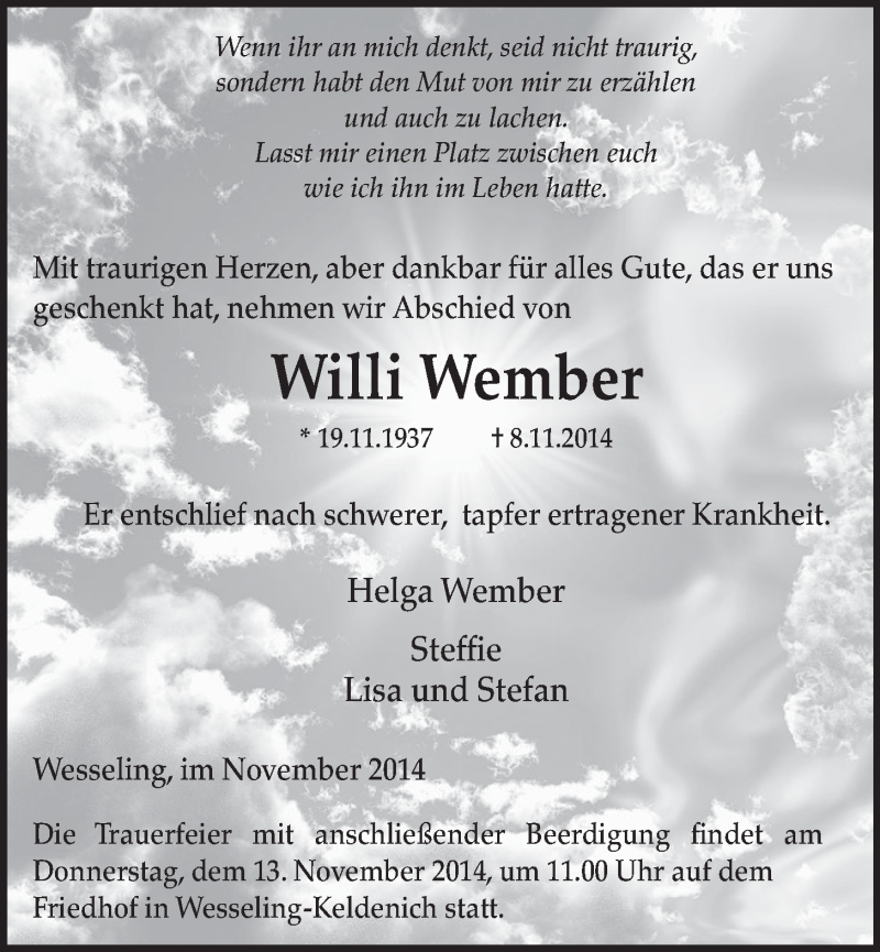  Traueranzeige für Willi Wember vom 12.11.2014 aus  Schlossbote/Werbekurier 