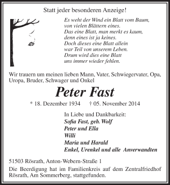 Anzeige von Peter Fast von  Bergisches Handelsblatt 