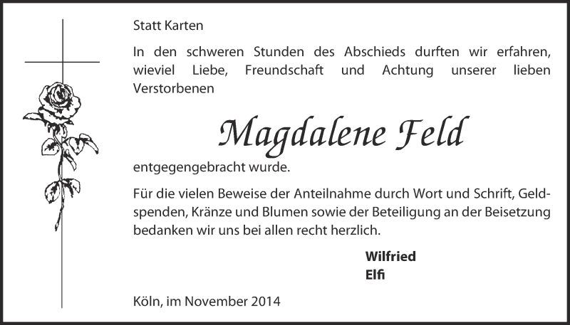  Traueranzeige für Magdalene Feld vom 12.11.2014 aus  Kölner Wochenspiegel 
