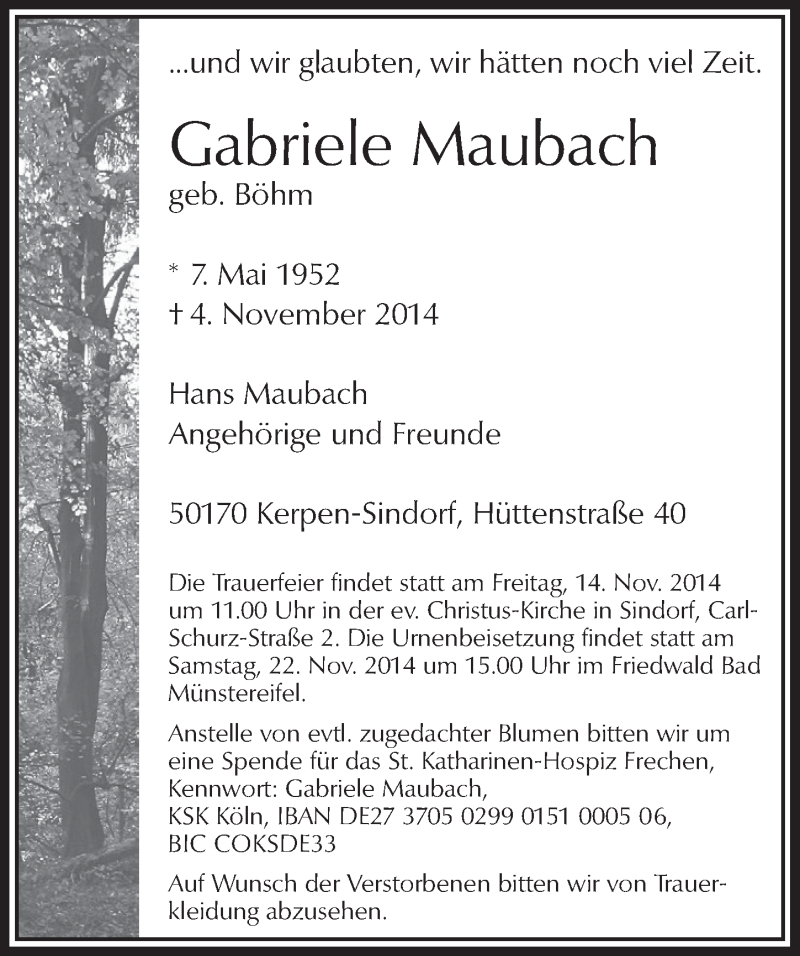  Traueranzeige für Gabriele Maubach vom 12.11.2014 aus  Werbepost 