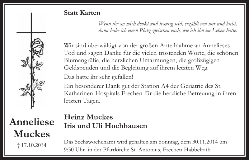  Traueranzeige für Anneliese Muckes vom 12.11.2014 aus  Wochenende 