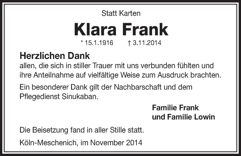  Traueranzeige für Klara Frank vom 12.11.2014 aus  Schlossbote/Werbekurier 