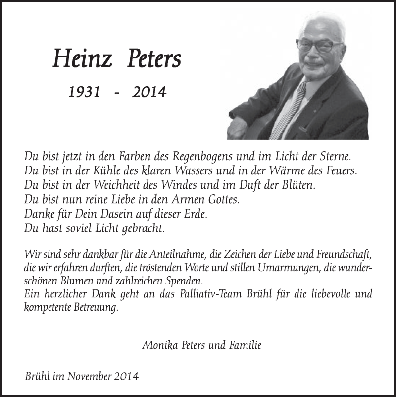  Traueranzeige für Heinz Peters vom 12.11.2014 aus  Schlossbote/Werbekurier 
