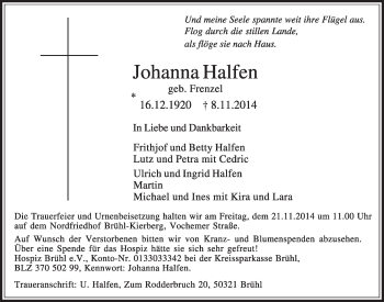 Anzeige von Johanna Halfen von  Schlossbote/Werbekurier 