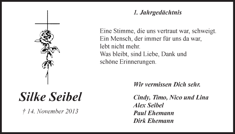  Traueranzeige für Silke Seibel vom 12.11.2014 aus  Lokale Informationen 