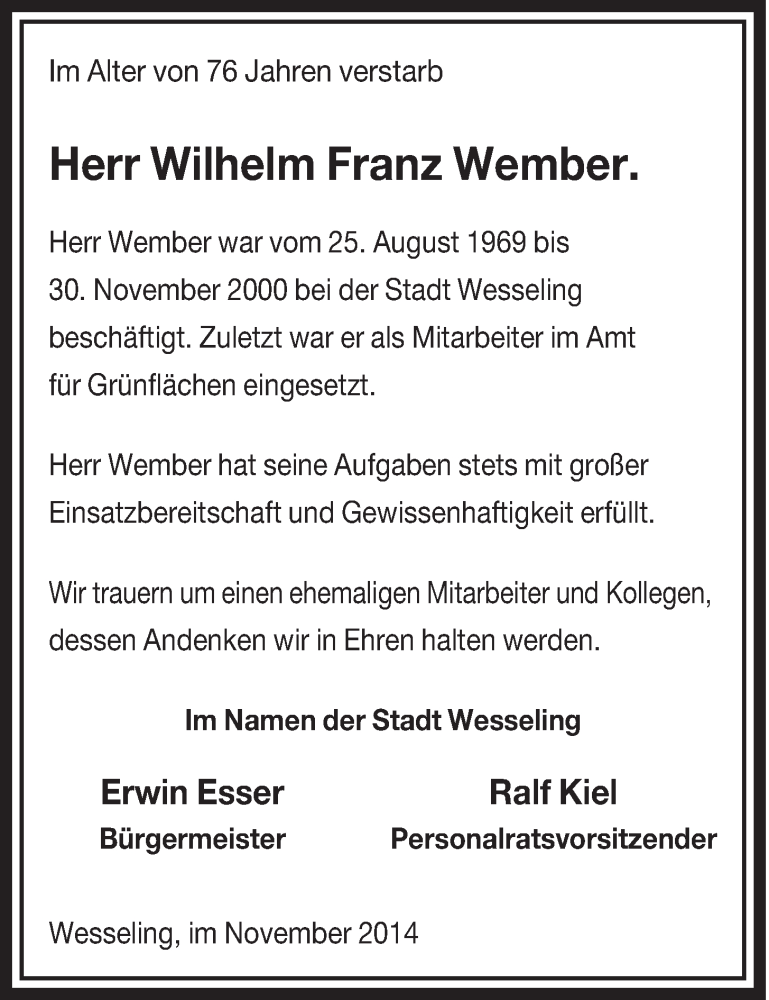  Traueranzeige für Wilhelm Franz Wember vom 12.11.2014 aus  Schlossbote/Werbekurier 