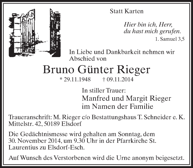  Traueranzeige für Bruno Günter Rieger vom 15.11.2014 aus  Sonntags-Post 