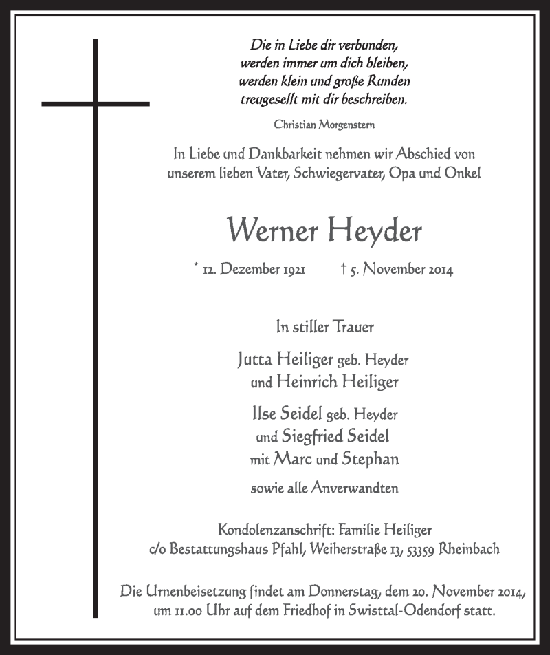  Traueranzeige für Werner Heyder vom 12.11.2014 aus  Schaufenster/Blickpunkt 