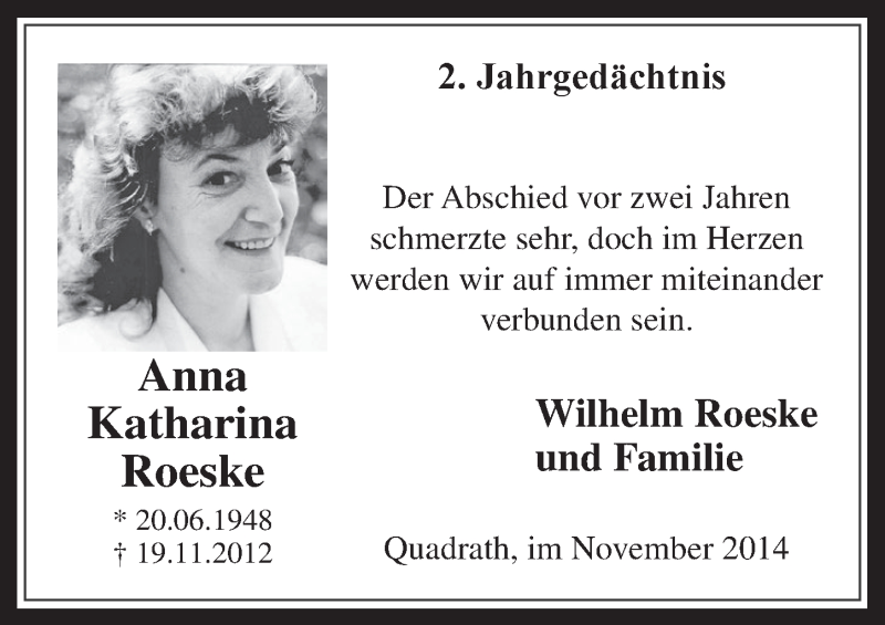  Traueranzeige für Anna Katharina Roeske vom 19.11.2014 aus  Werbepost 