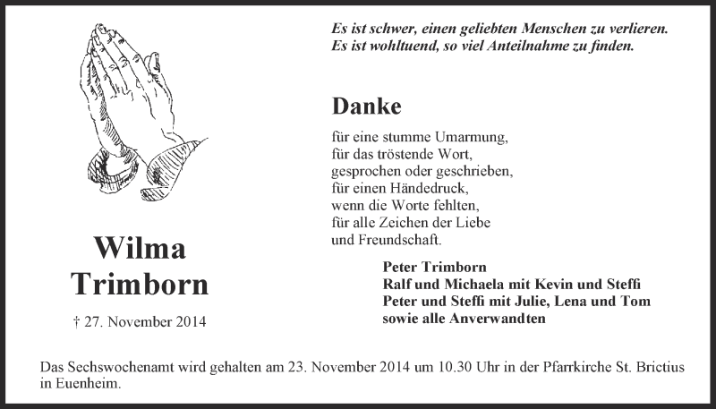  Traueranzeige für Wilma Trimborn vom 16.11.2014 aus  Blickpunkt Euskirchen 