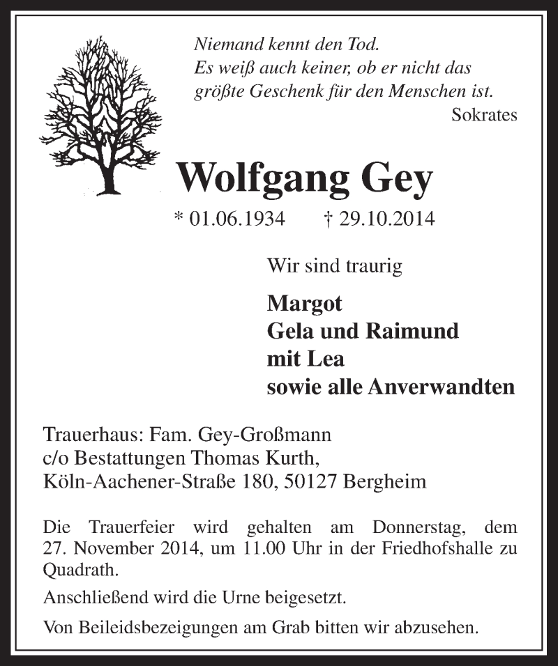 Traueranzeige für Wolfgang Gey vom 19.11.2014 aus  Werbepost 