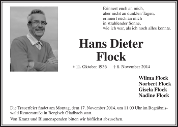 Anzeige von Hans Dieter Flock von  Bergisches Sonntagsblatt 
