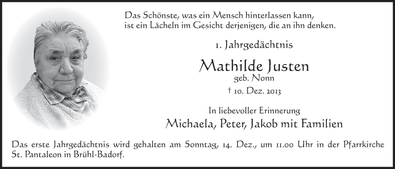 Traueranzeige für Mathilde Justen vom 10.12.2014 aus  Schlossbote/Werbekurier 