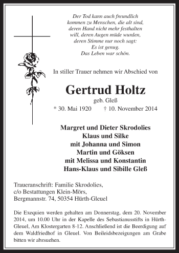 Anzeige von Gertrud Holtz von  Wochenende 