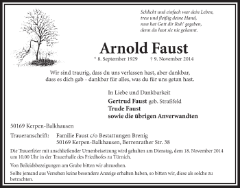 Anzeige von Arnold Faust von  Sonntags-Post 