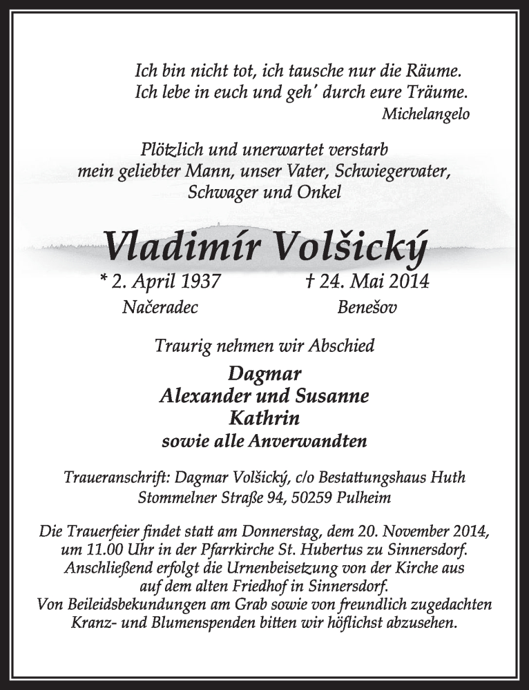  Traueranzeige für Vladimir Volsicky vom 15.11.2014 aus  Sonntags-Post 