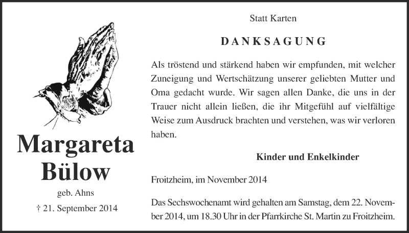  Traueranzeige für Margareta Bülow vom 16.11.2014 aus  Blickpunkt Euskirchen 