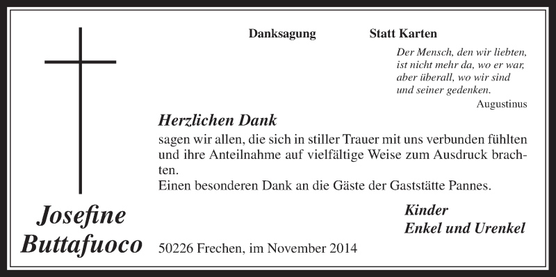  Traueranzeige für Josefine Buttfuoco vom 19.11.2014 aus  Wochenende 