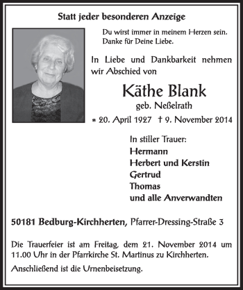Anzeige von Käthe Blank von  Sonntags-Post 