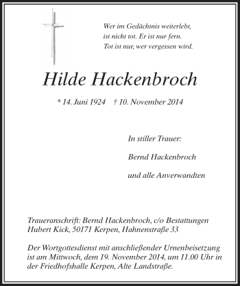 Anzeige von Hilde Hackenbroch von  Sonntags-Post 
