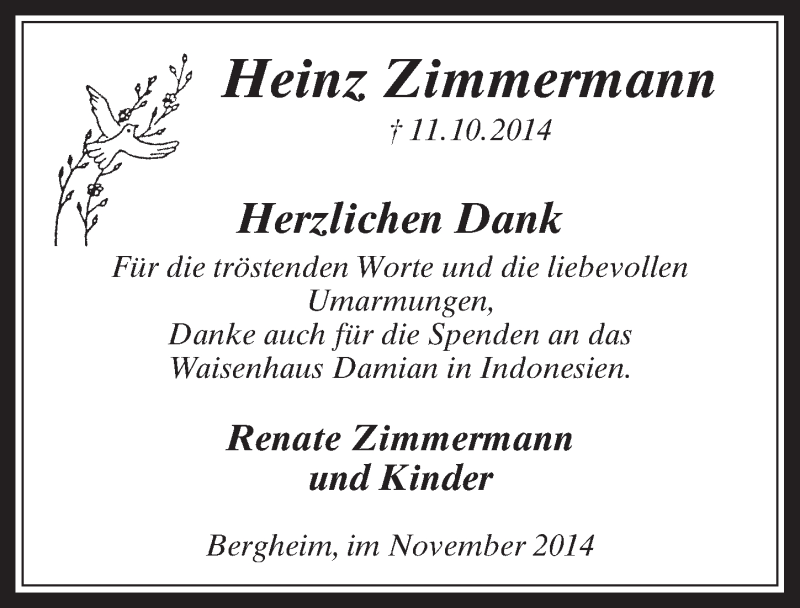  Traueranzeige für Heinz Zimmermann vom 15.11.2014 aus  Sonntags-Post 