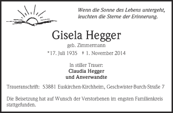 Anzeige von Gisela Hegger von  Blickpunkt Euskirchen 
