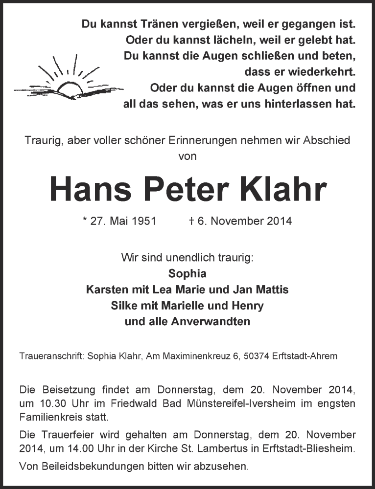  Traueranzeige für Hans Peter Klahr vom 15.11.2014 aus  Sonntags-Post 