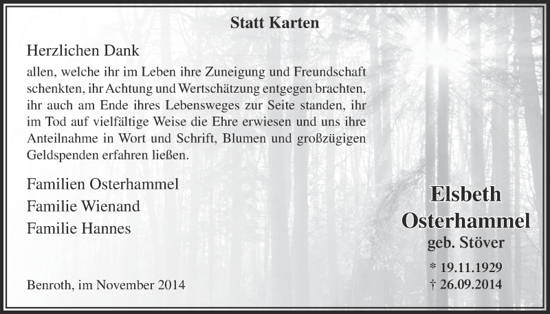  Traueranzeige für Elsbeth Osterhammel vom 19.11.2014 aus  Lokalanzeiger 