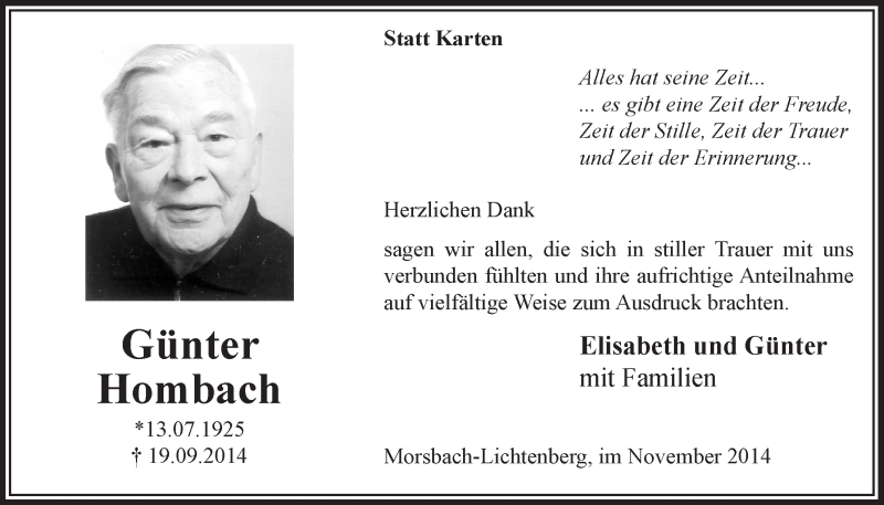  Traueranzeige für Günter Hombach vom 19.11.2014 aus  Lokalanzeiger 