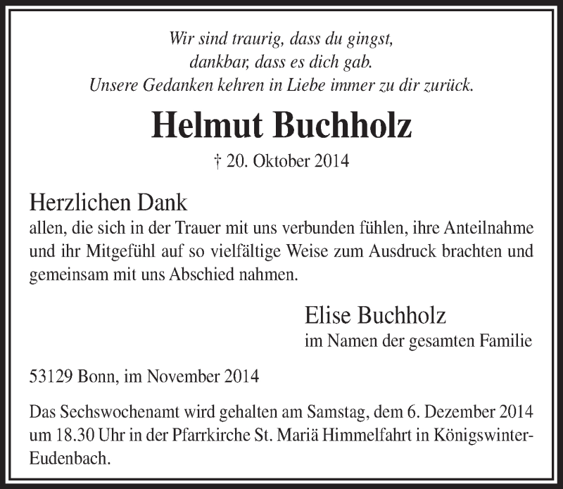  Traueranzeige für Helmut Buchholz vom 19.11.2014 aus  Extra Blatt 