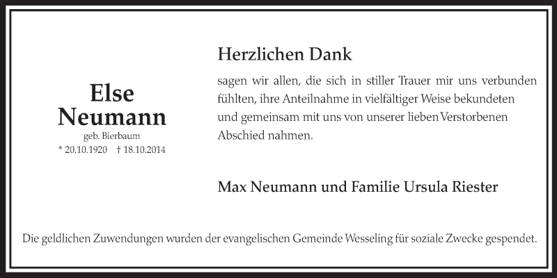  Traueranzeige für Else Neumann vom 19.11.2014 aus  Schlossbote/Werbekurier 