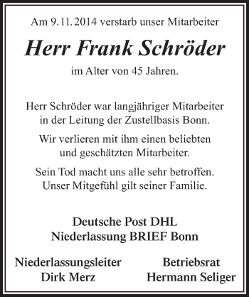 Anzeige von Frank Schröder von  Schaufenster/Blickpunkt 