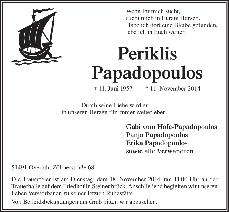  Traueranzeige für Periklis Papadopoulos vom 15.11.2014 aus  Bergisches Sonntagsblatt 