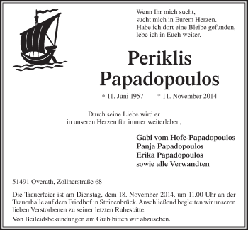 Anzeige von Periklis Papadopoulos von  Bergisches Sonntagsblatt 