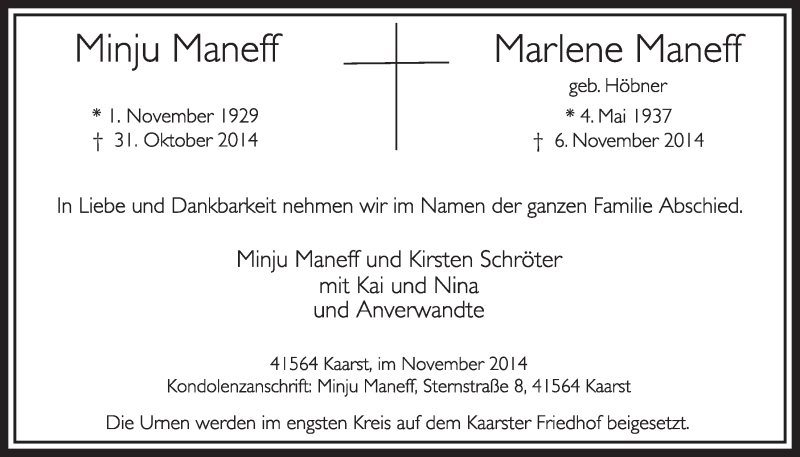  Traueranzeige für Minju und Marlene Maneff vom 15.11.2014 aus  Sonntags-Post 