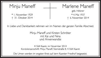 Anzeige von Minju und Marlene Maneff von  Sonntags-Post 