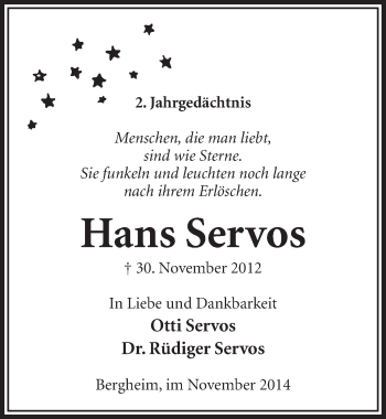 Anzeige von Hans Servos von  Sonntags-Post 