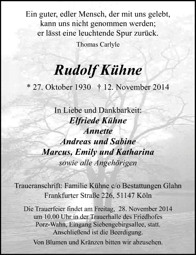  Traueranzeige für Rudolf Kühne vom 19.11.2014 aus  Kölner Wochenspiegel 
