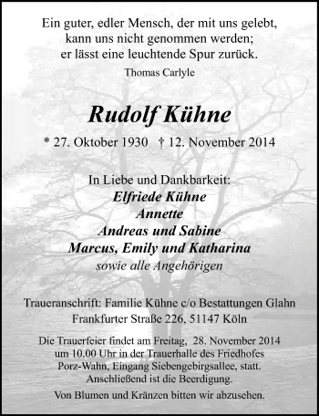 Anzeige von Rudolf Kühne von  Kölner Wochenspiegel 