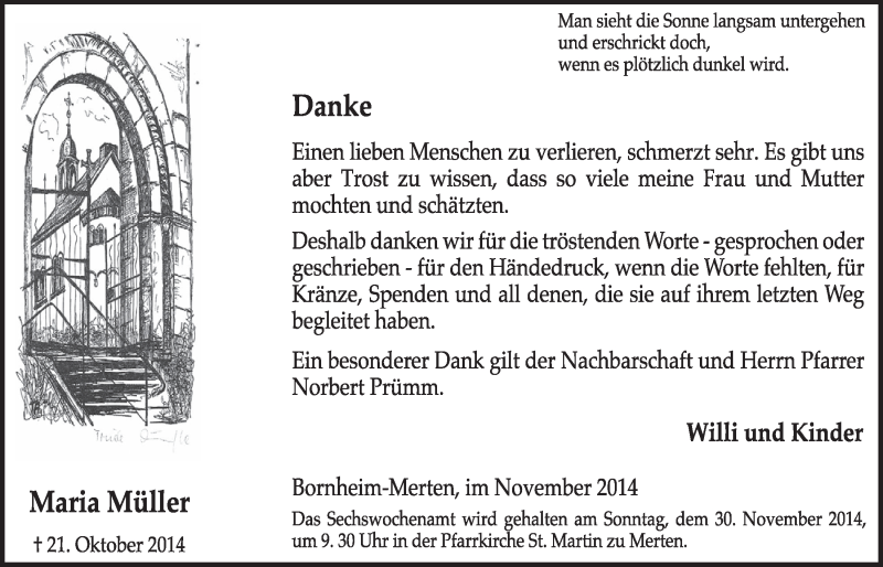  Traueranzeige für Maria Müller vom 19.11.2014 aus  Schlossbote/Werbekurier 