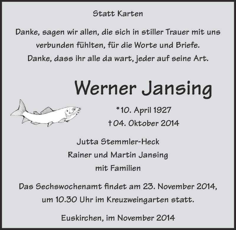  Traueranzeige für Werner Jansing vom 16.11.2014 aus  Blickpunkt Euskirchen 