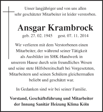 Anzeige von Ansgar Krambrock von  Kölner Wochenspiegel 